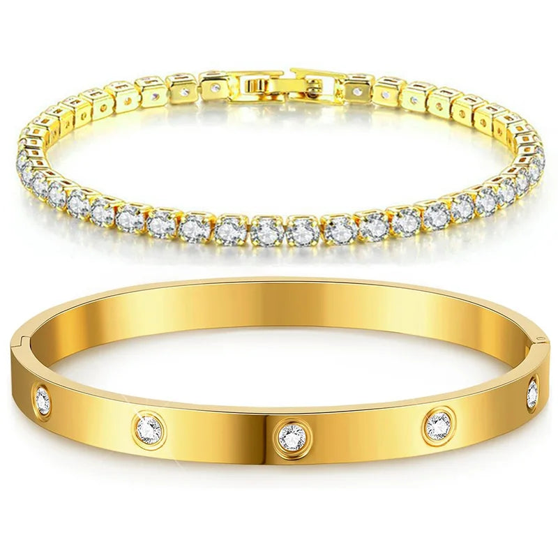 Pulseira e bracelete banhado a ouro 14k com cristais de zircônia