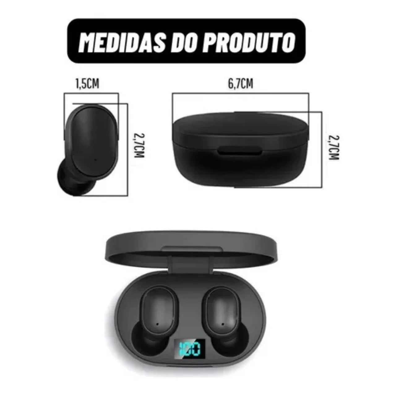 Fone de ouvido Dual Led Bluetooth 5.0 Wireless - preto